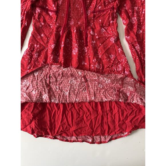 Free People Tess Mini Dress XS Red Floral Y2K Milkmaid Velvet Trim Empire Waist - Picture 9 of 11